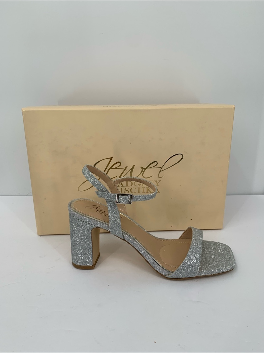 Jewel Badgley Mischka Rayla II sandal heel shoe silver glitter block heel new 6